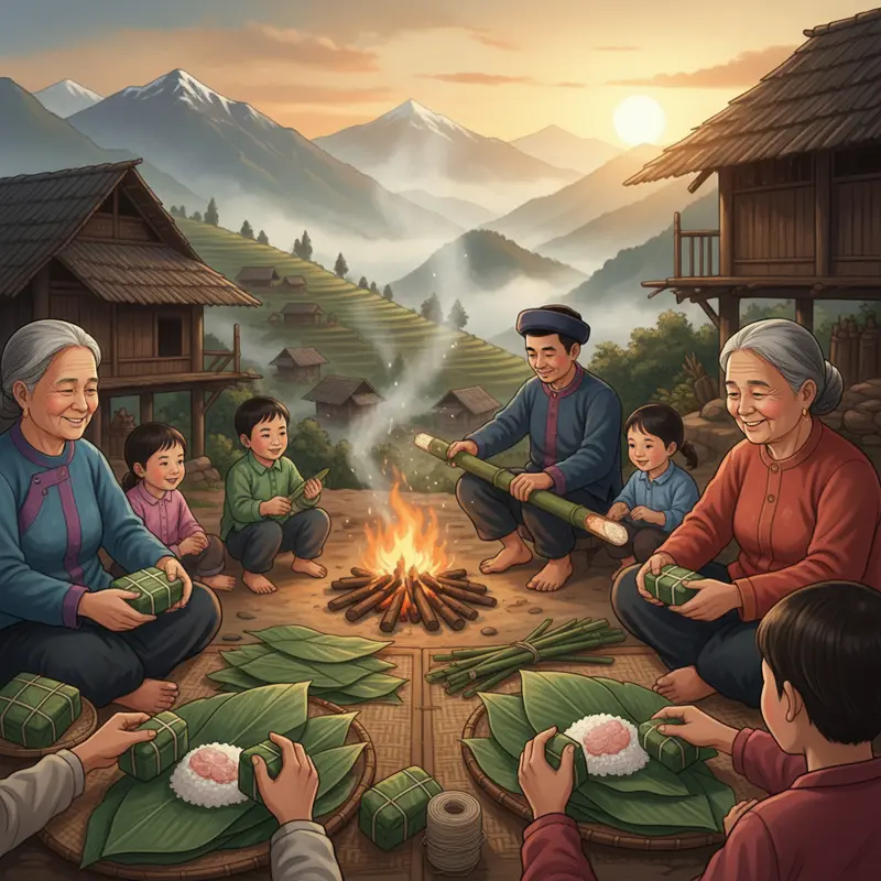 Cảnh xuân rực rỡ, bản làng thức giấc giữa sắc hoa đào và hoa mận nở bung.