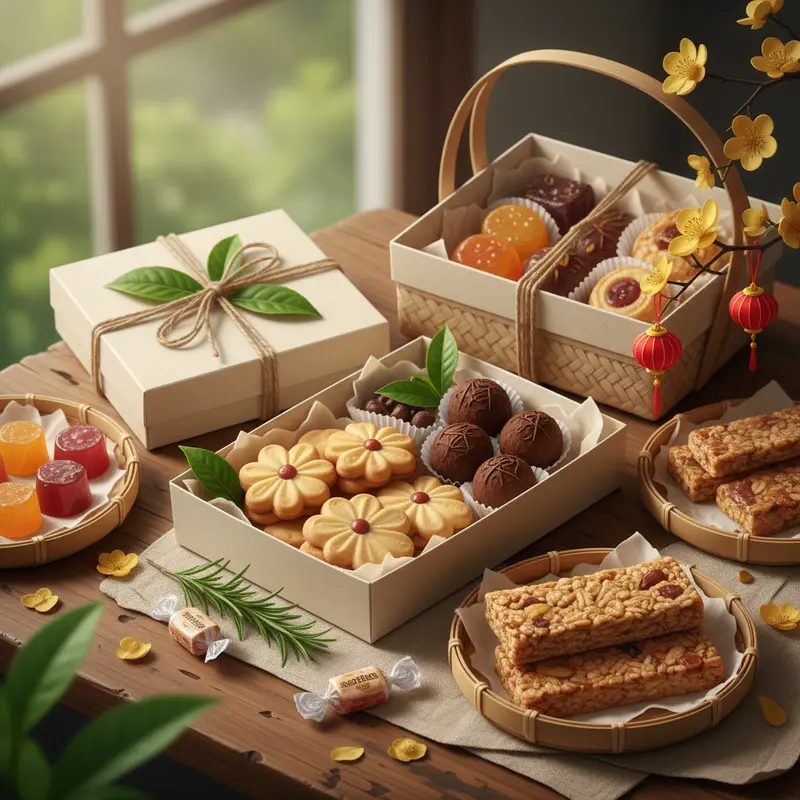 Giỏ quà Tết hiện đại với bánh kẹo nhập khẩu cao cấp, sắc vàng đỏ tươi vui.