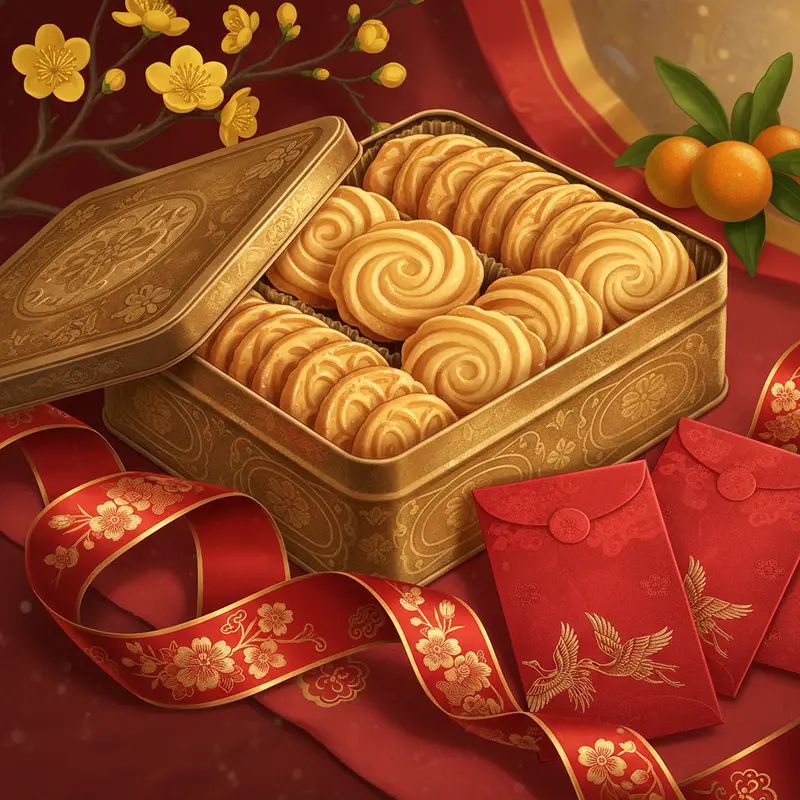 Giỏ quà Tết hiện đại với bánh kẹo nhập khẩu cao cấp, sắc vàng đỏ tươi vui.