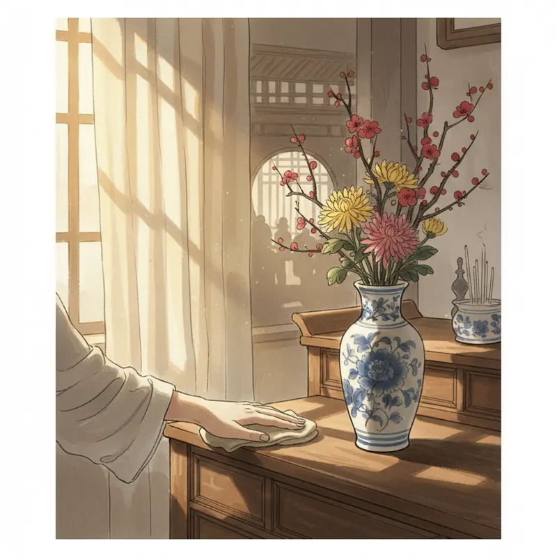 Bàn thờ gia tiên chuẩn Ngũ Hành với các vật phẩm đại diện Kim, Mộc, Thủy, Hỏa, Thổ.