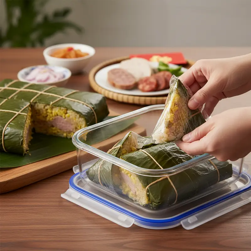 Toàn cảnh hai loại bánh chưng: nguyên vẹn và đã cắt, trên mâm truyền thống ngày Tết.