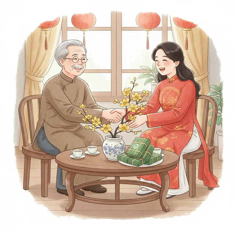 Gia đình nhiều thế hệ chuẩn bị sum họp Tết, tỏa sáng niềm vui và cởi mở.