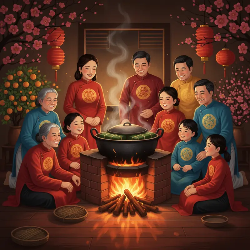 Phòng khách truyền thống ngày Tết, rác được gom lại một góc để giữ lộc.