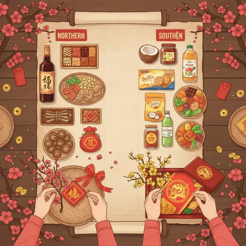 Giỏ quà Tết truyền thống với nhiều loại quà đặc trưng, biểu tượng của sự đoàn viên.