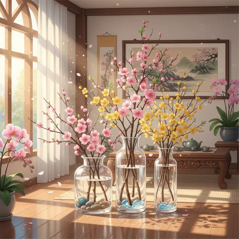 Cận cảnh hoa đào và hoa mai từ nụ đến lúc nở vào dịp Tết.