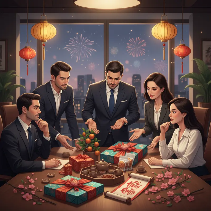 Ban lãnh đạo doanh nghiệp trao đổi về giá trị của quà Tết.