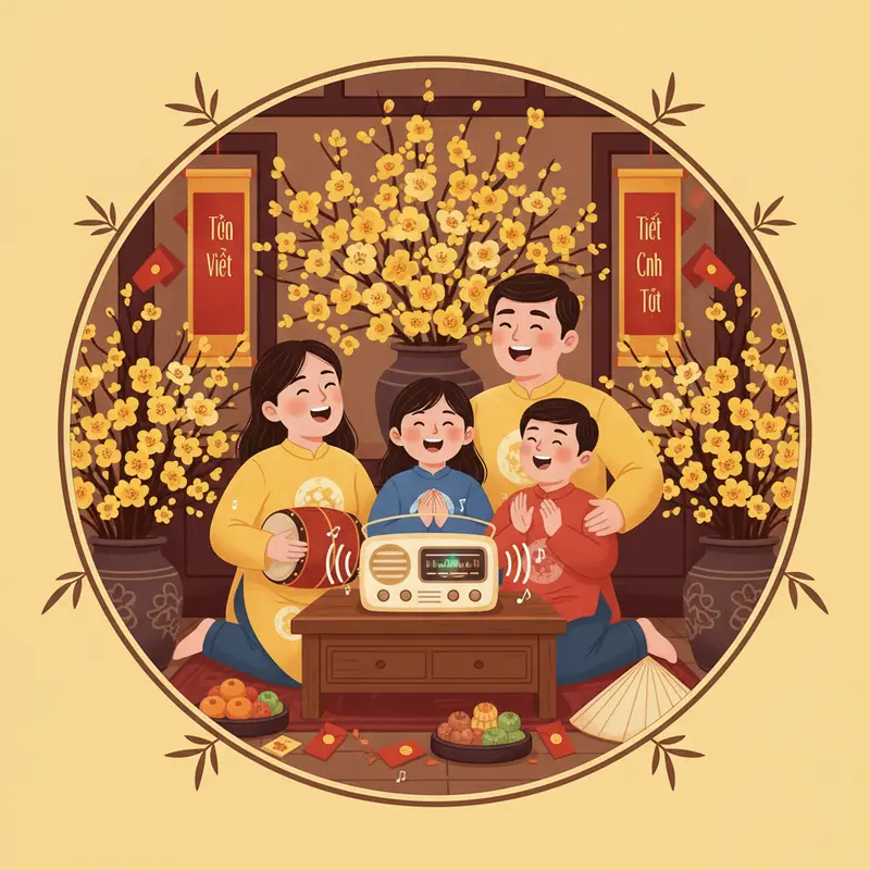 Hình ảnh dân ca vang lên ngày Tết tại làng quê Việt Nam.