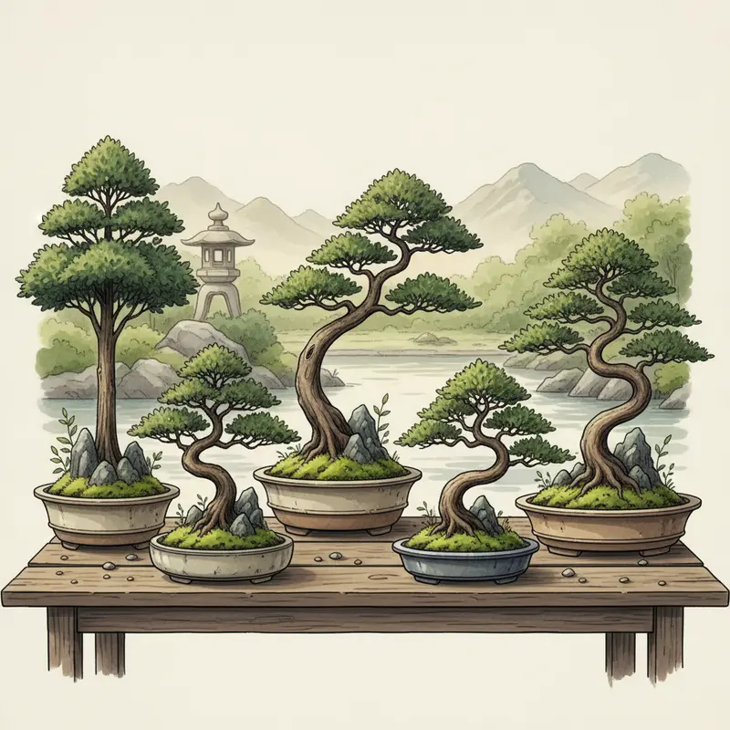 Không gian bonsai hài hòa mang sắc thái thiên nhiên và nghệ thuật.