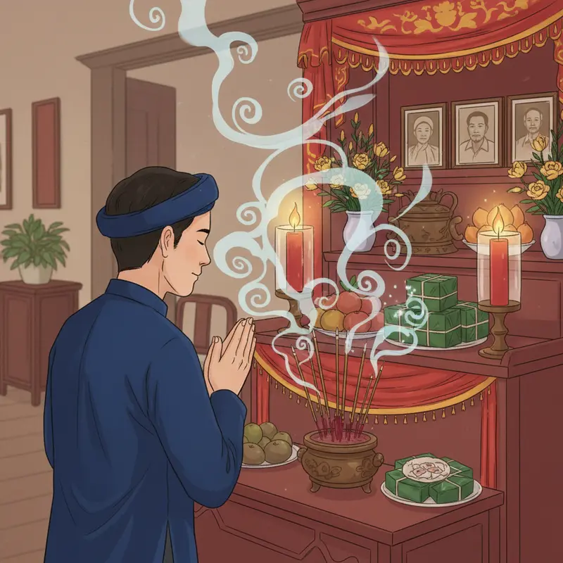 Bàn thờ gia đình ngày Tết với đầy đủ hoa đào, lễ vật và khói hương nghi ngút.