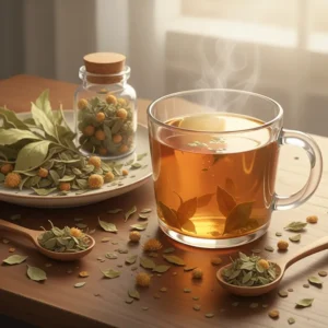 Cốc trà thảo mộc và đĩa lá thảo mộc khô đặt trên bàn gỗ, thể hiện sự bảo quản tốt.