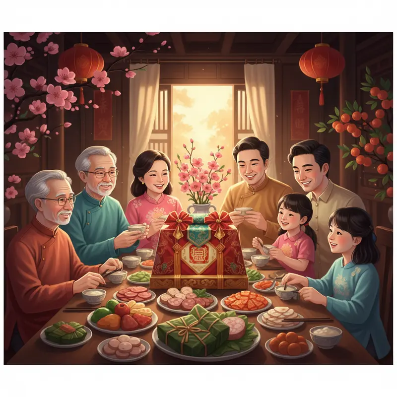Gia đình Việt sum họp bên bàn tiệc Tết, hộp quà đặt trang trọng ở giữa.