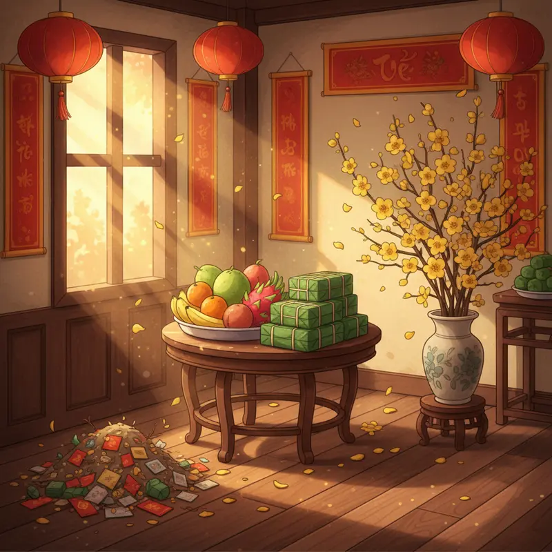 Phòng khách truyền thống ngày Tết, rác được gom lại một góc để giữ lộc.