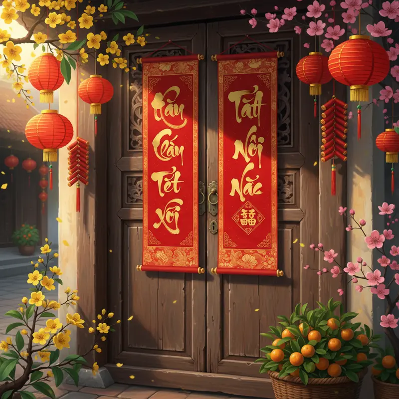 Cây nêu truyền thống dựng giữa sân nhà vào dịp Tết, trang trí mang lại may mắn.