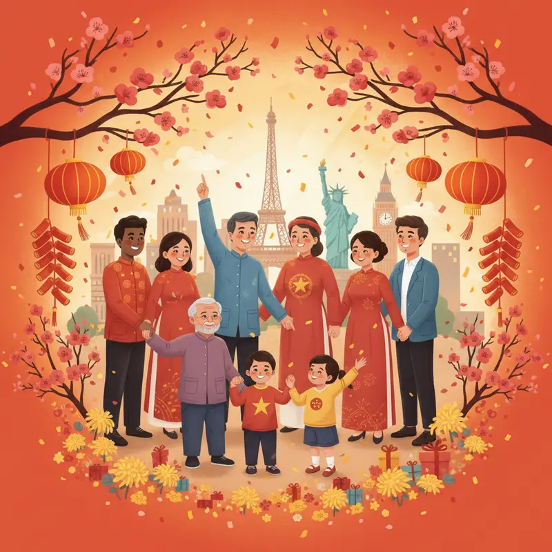 Gia đình người Việt tại nước ngoài cùng nhau gói bánh chưng và trang trí nhà cửa đón Tết.
