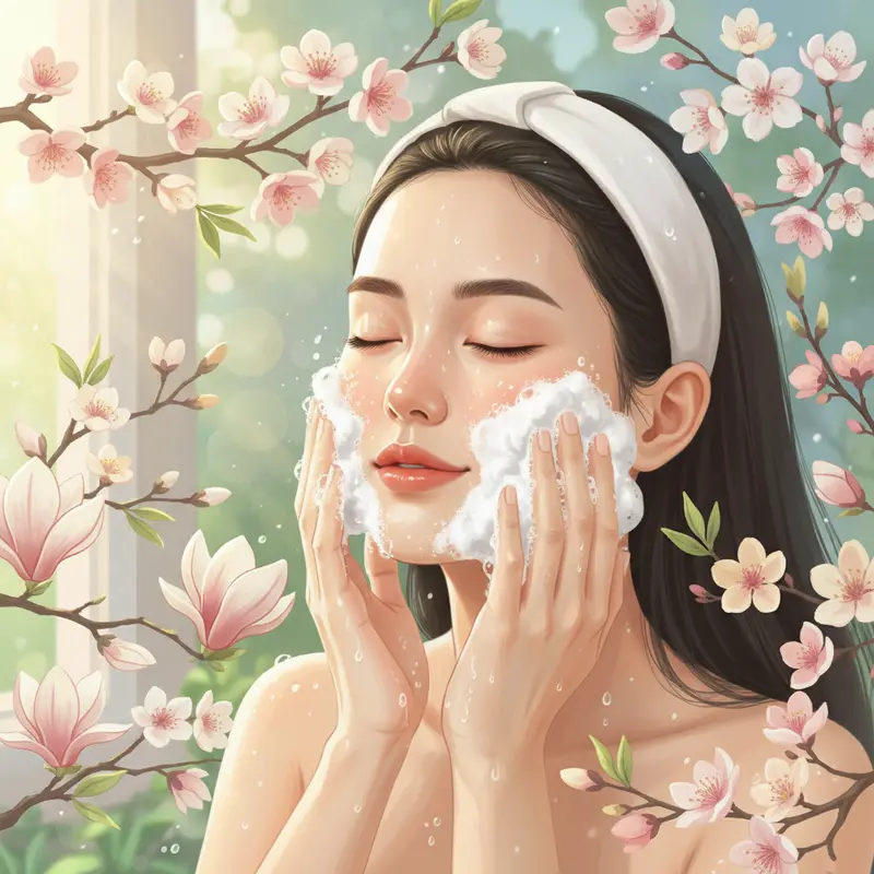 Rửa mặt nhẹ nhàng cùng ánh nắng sớm và hoa xuân.