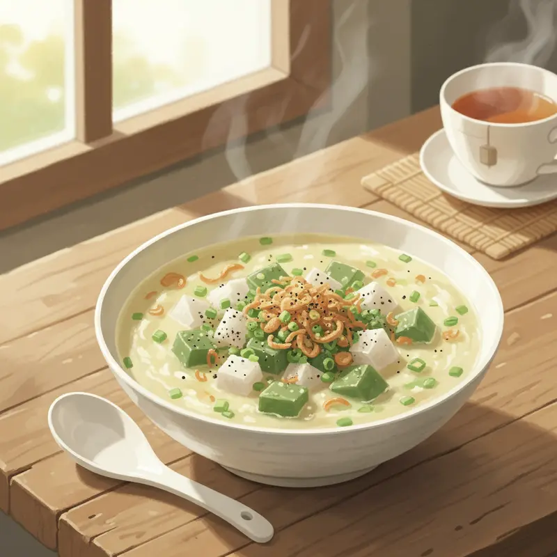 Bánh chưng cắt lát chiên giòn vàng, ăn kèm dưa góp và nước mắm tỏi ớt.
