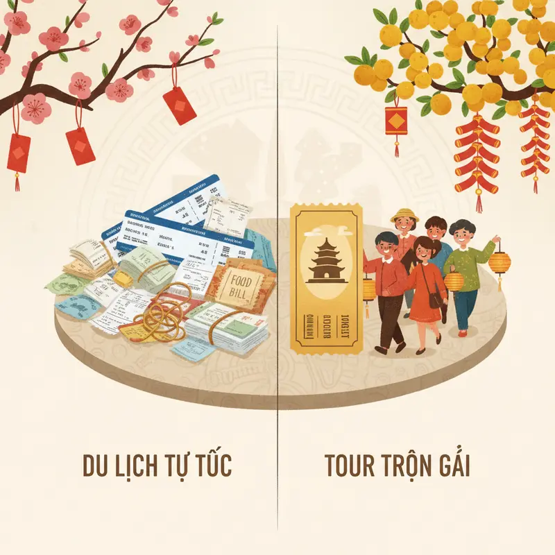 So sánh hai kiểu du lịch dịp Tết: tự túc và tour trọn gói.