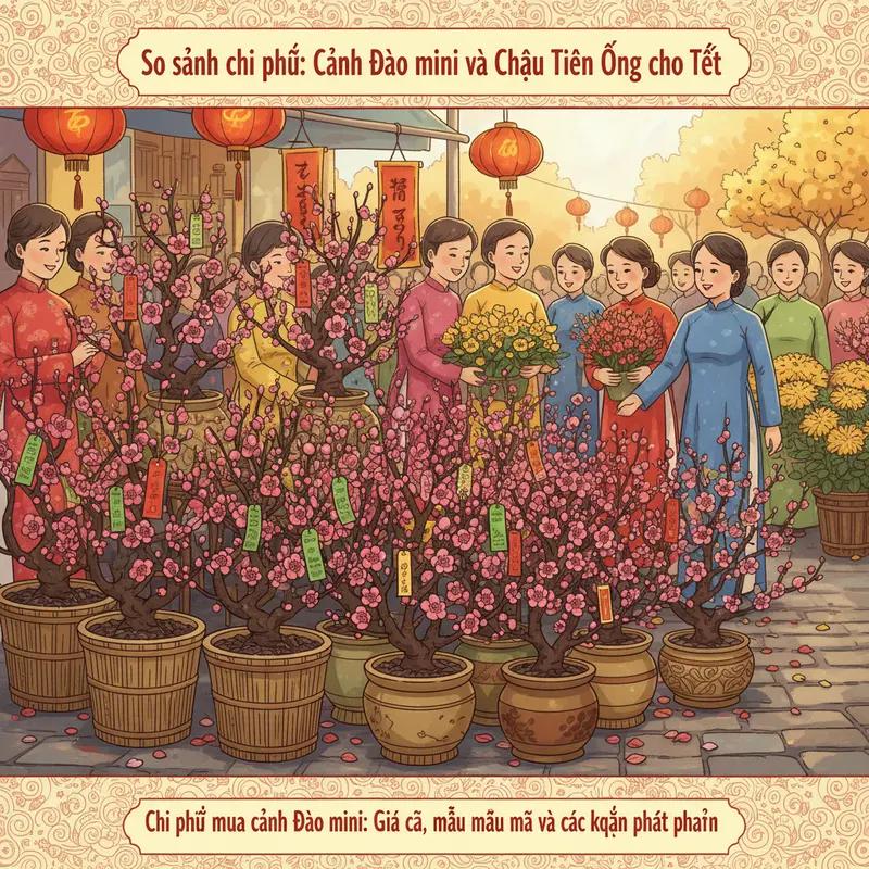 Cành Đào mini và chậu Tiên Ông tạo điểm nhấn rực rỡ cho phòng khách ngày Tết.