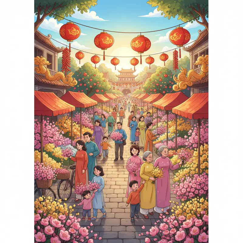 Chợ hoa Tết nhộn nhịp với nhiều loại hoa đặc trưng và khách hàng lựa chọn.