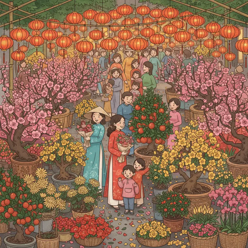 Chợ hoa Tết nhộn nhịp với nhiều loại hoa đặc trưng và khách hàng lựa chọn.