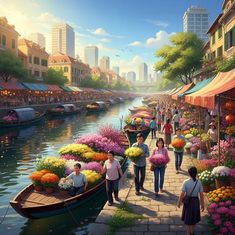 Khung cảnh làng hoa Sa Đéc vào mùa xuân với sắc hoa rực rỡ và du khách nhộn nhịp.