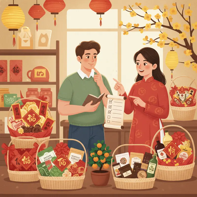 Một giỏ quà Tết truyền thống đầy đủ bánh mứt, trà và các món khô.