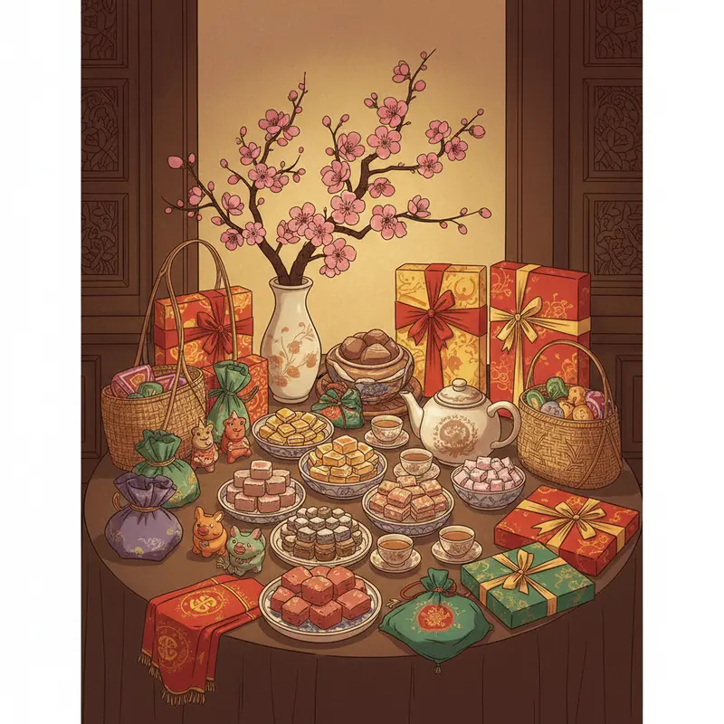 Một bàn làm việc với sổ tay lập kế hoạch và những món quà Tết truyền thống.