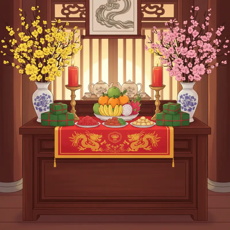 Bàn thờ gia đình ngày Tết với đầy đủ hoa đào, lễ vật và khói hương nghi ngút.