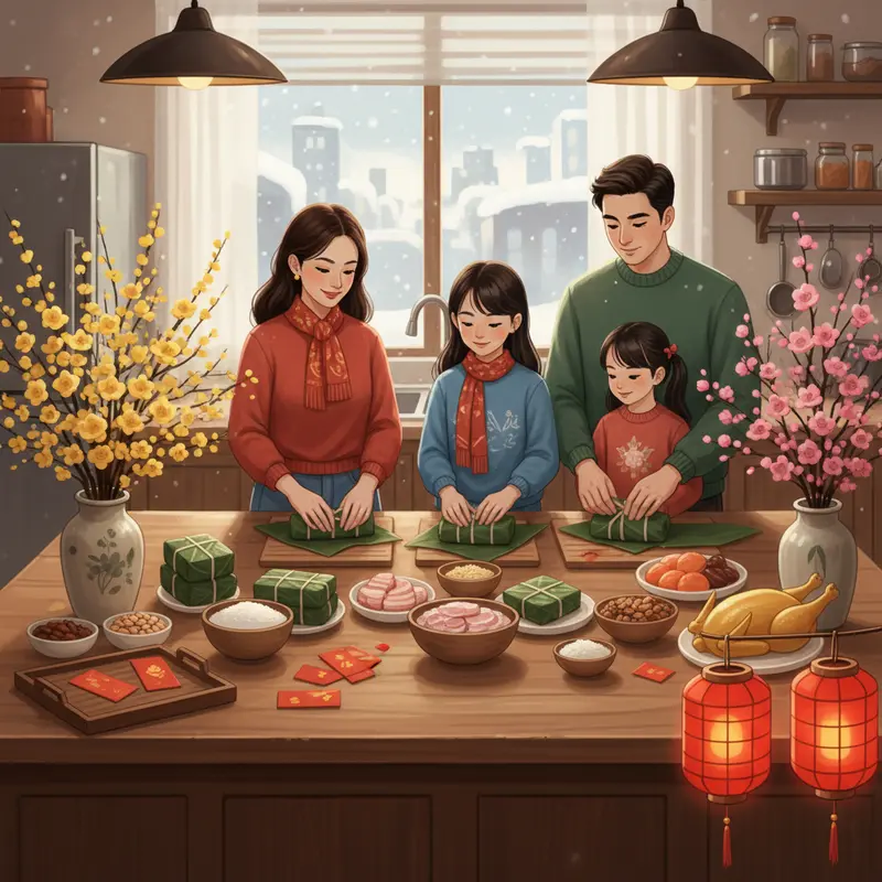 Gia đình người Việt tại nước ngoài cùng nhau gói bánh chưng và trang trí nhà cửa đón Tết.