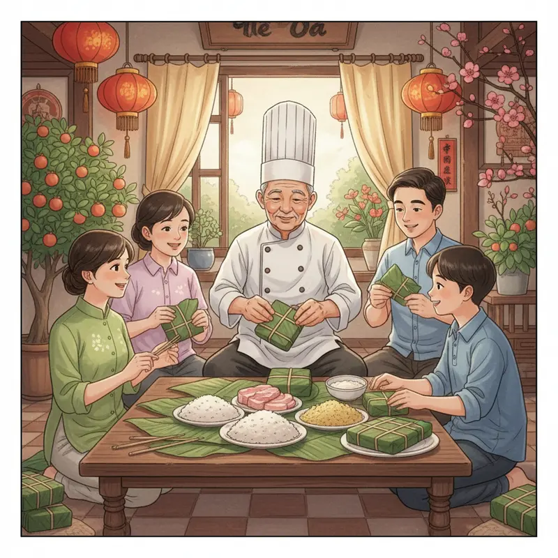 Bàn tay chuẩn bị lạt tre truyền thống để gói bánh chưng.