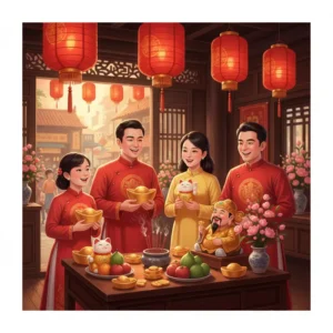 Gia đình nhiều thế hệ bên bàn thờ Thần Tài, trang trí đèn lồng, không khí lễ hội truyền thống.