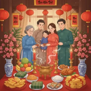 Bàn thờ Tết với lễ vật cúng hóa vàng, vàng mã, và gia đình sum vầy.