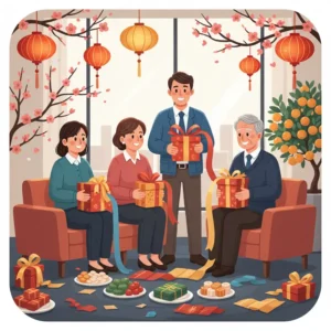 Nhân viên các cấp bậc cùng nhau mở hộp quà Tết trong không gian đậm sắc xuân Việt Nam, ánh mắt rạng rỡ.