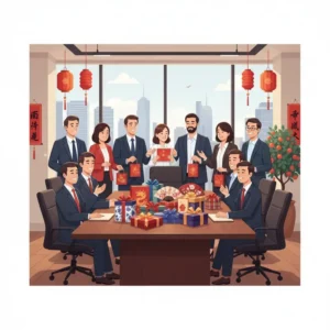 Bàn làm việc hiện đại bày hộp quà Tết nhiều phong cách với nhân viên quốc tế trong văn phòng chuyên nghiệp.