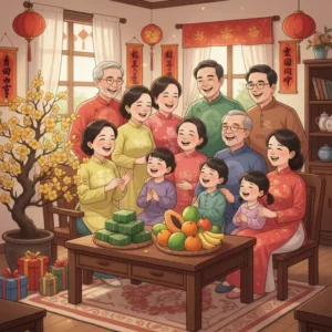 Đại gia đình quây quần bên nhau trong phòng khách ngày Tết, trang trí truyền thống, ánh sáng rực rỡ và hạnh phúc.