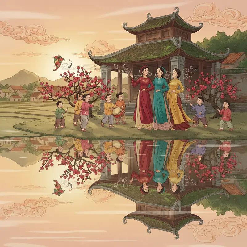 Hình ảnh dân ca vang lên ngày Tết tại làng quê Việt Nam.