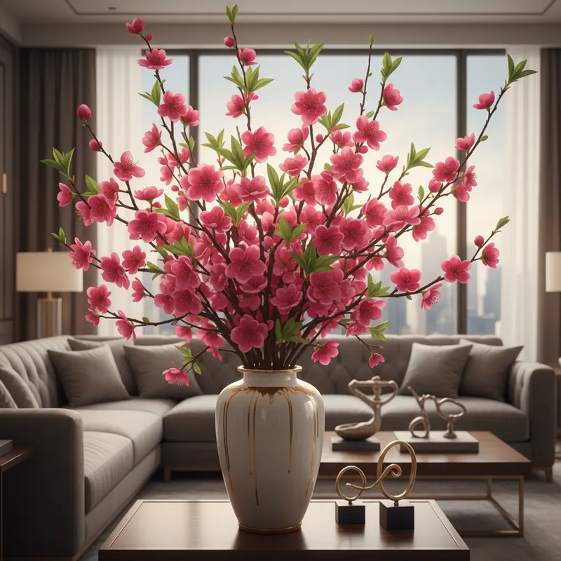 Hoa đào thật với sắc hồng tươi tắn và chồi biếc.