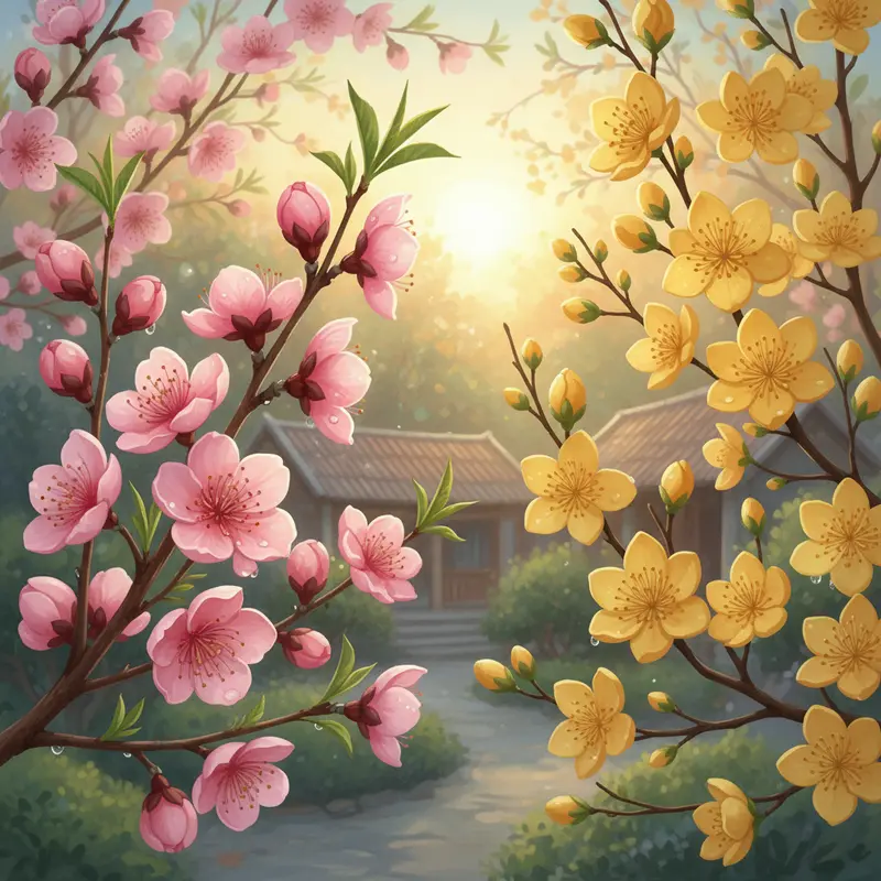 Cận cảnh hoa đào và hoa mai từ nụ đến lúc nở vào dịp Tết.