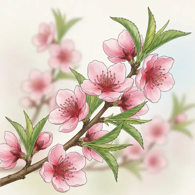 Hoa đào thật với sắc hồng tươi tắn và chồi biếc.