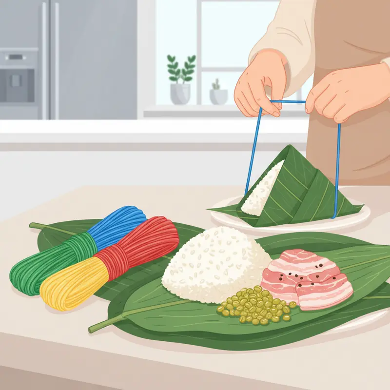 Bàn tay chuẩn bị lạt tre truyền thống để gói bánh chưng.