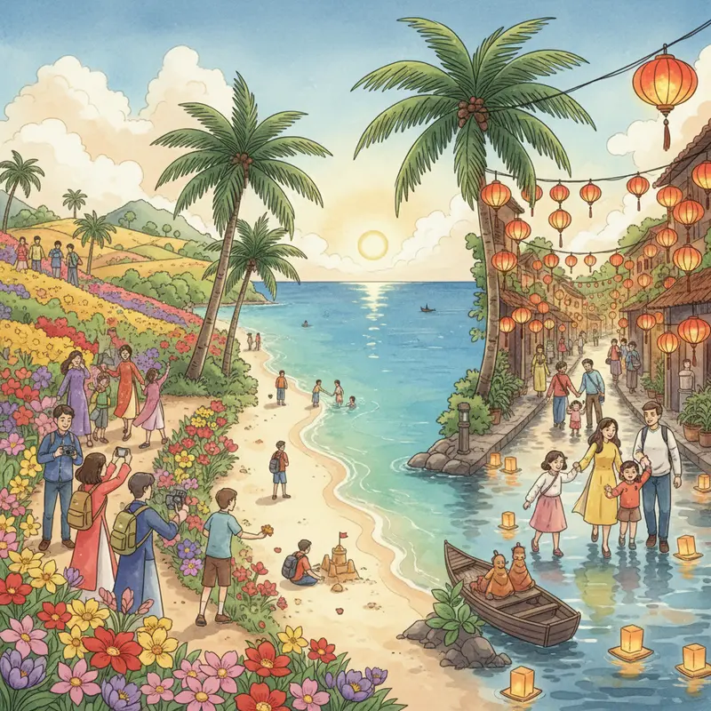 Gia đình cùng chia sẻ khoảnh khắc du lịch Tết bên thiên nhiên.