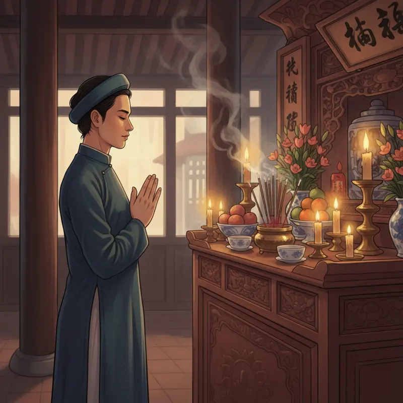Bàn thờ gia tiên với lễ vật truyền thống và không gian thiêng liêng.