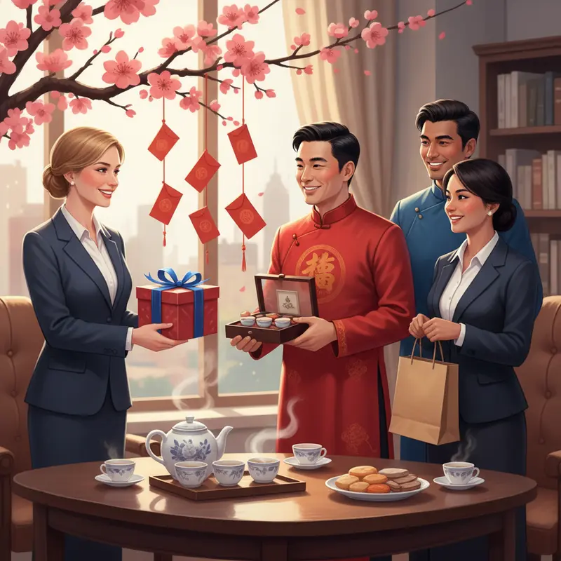 Đối tác đến từ nhiều nền văn hóa trao đổi quà Tết với tinh thần tôn trọng.