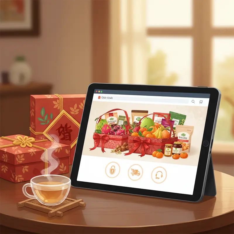 Hộp quà Tết healthy hiện đại trên bàn cùng laptop và smartphone, gợi ý xu hướng mua sắm số.