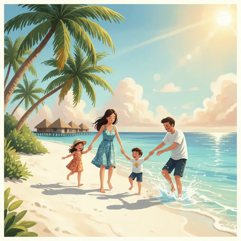 Gia đình cùng trẻ nhỏ vui chơi tại resort Maldives bên bãi biển tuyệt đẹp.