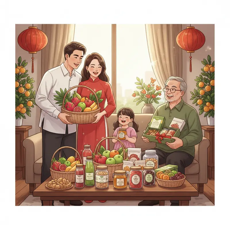Gia đình Việt tặng và nhận quà Tết lành mạnh trong không khí ấm áp.
