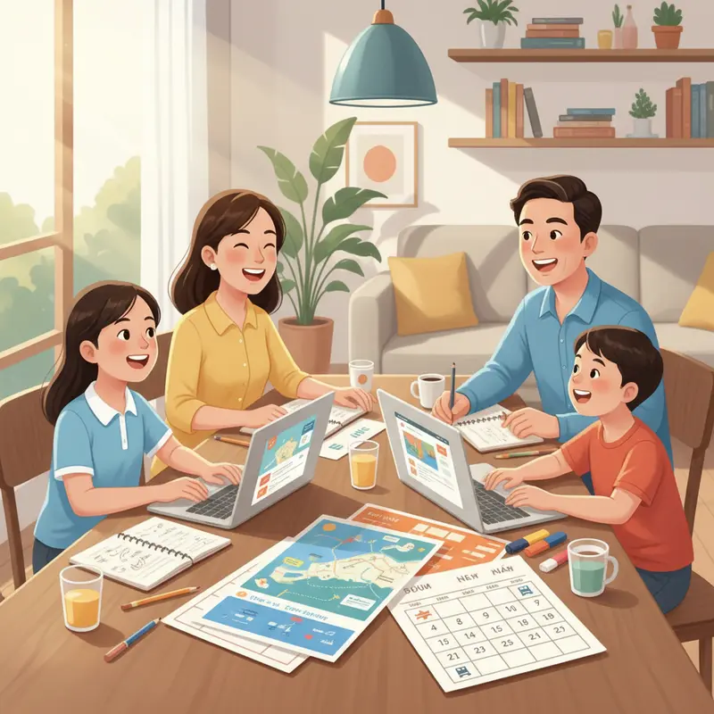 Gia đình Việt bàn bạc kế hoạch du lịch đầu năm mới.