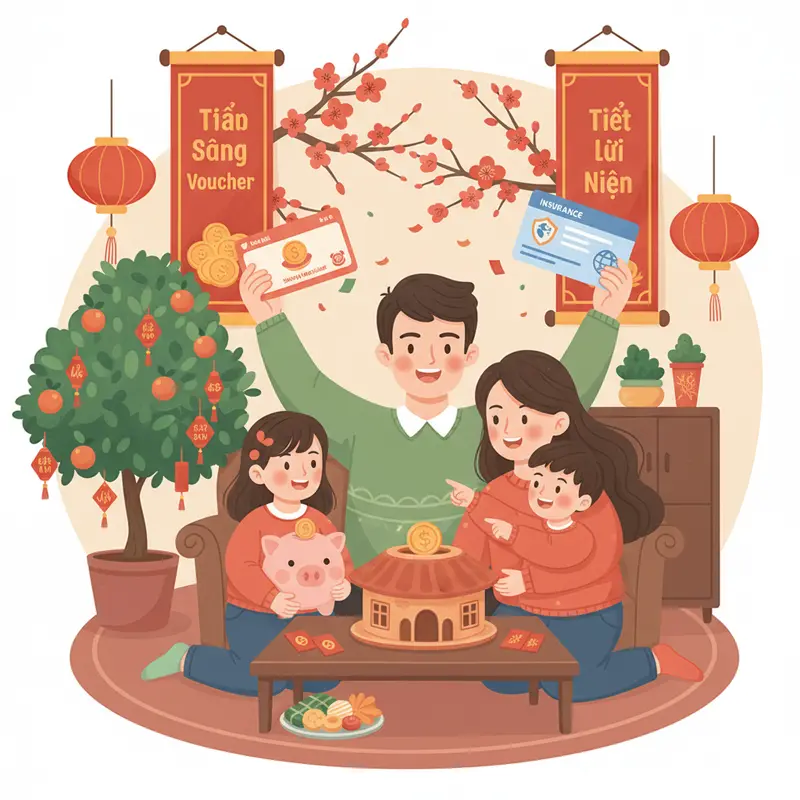 Gia đình chuẩn bị đi du lịch Tết tại sân bay, hào hứng nhưng vẫn chú trọng an toàn.