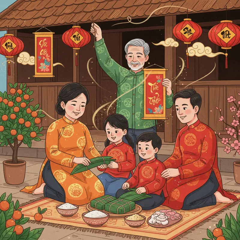 Gia đình Việt sum vầy bên mâm cỗ Tết, tạo nên sự gắn kết thiêng liêng.