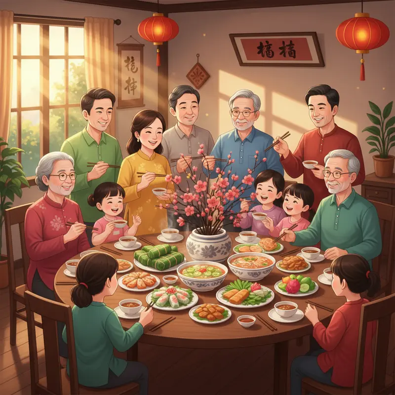 Gia đình Việt quây quần thưởng thức bữa cơm Tết đầy dinh dưỡng.